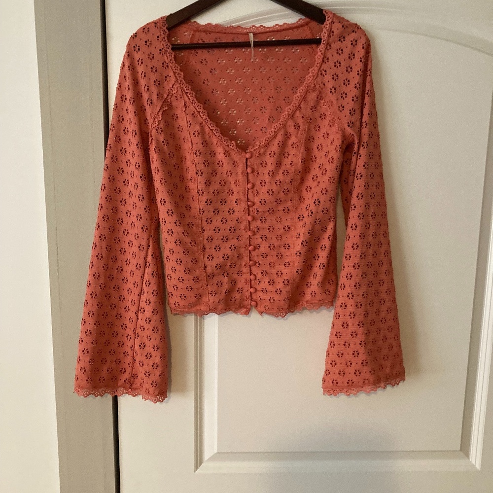 Free People Cropped Eyelet Blouse w/Bell Sleeves